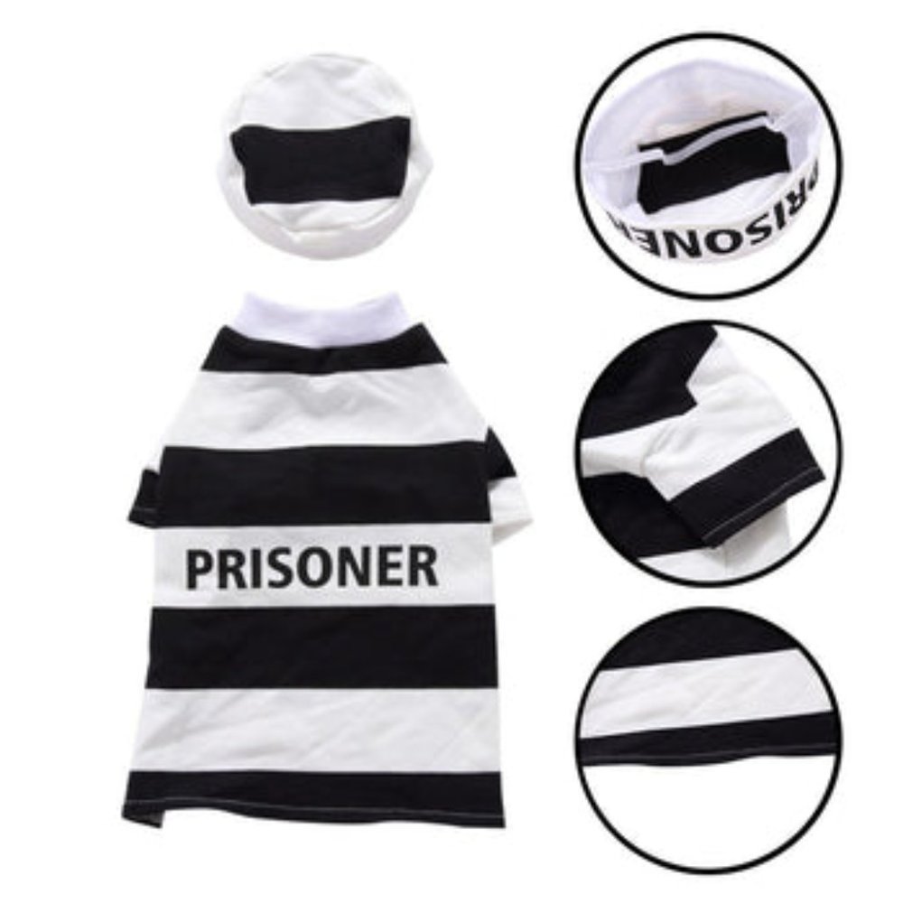 Pet Dog Pooch Prison Coat Hat Suit Clothes Dress Set Halloween Cosplay - Small - Picture 6 of 10